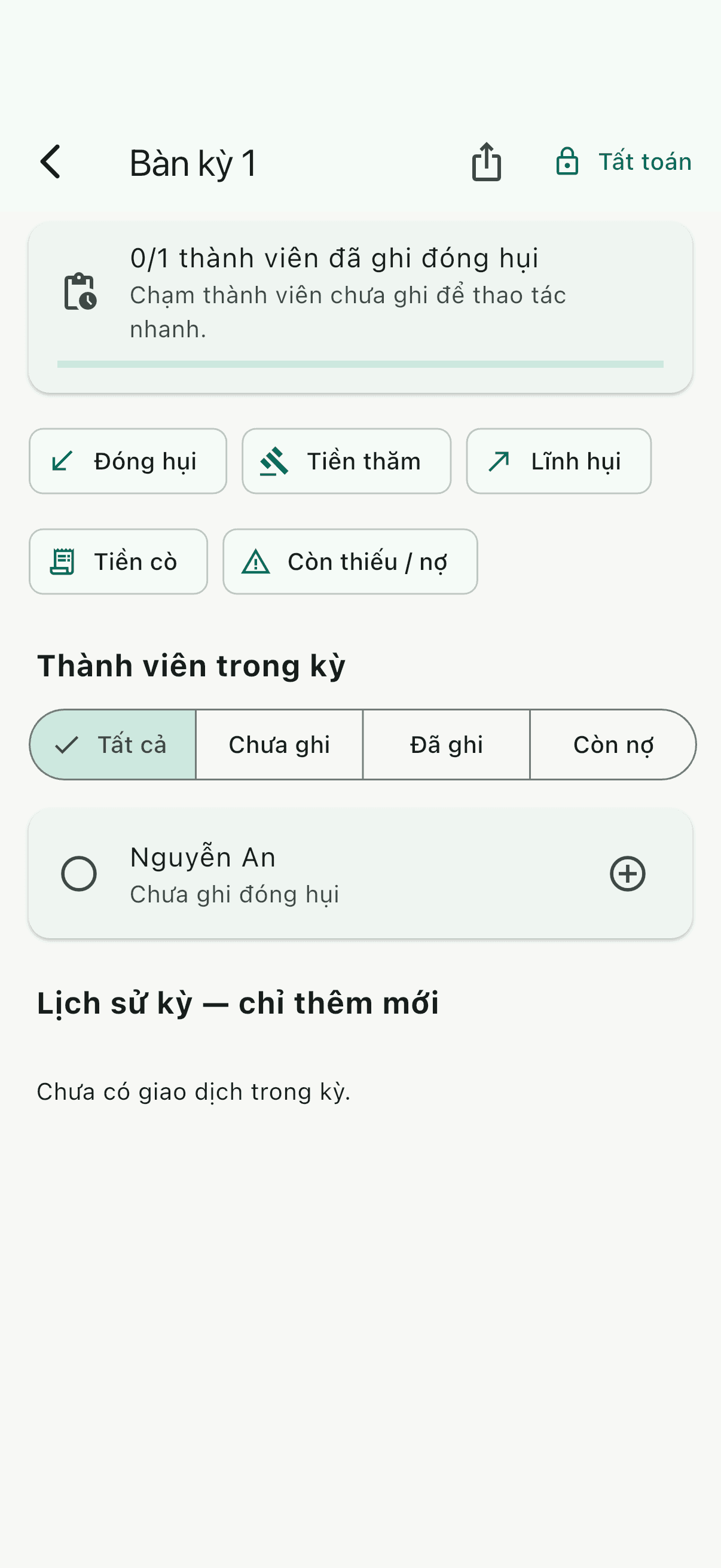 Màn hình kỳ hụi đang mở